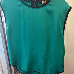 Tibi Teal Sleeveless Blouse with Black Trim